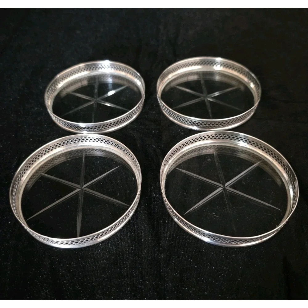 Set Of 4 Webster Sterling Silver Reticulated Cut Glass Starburst Coasters 3